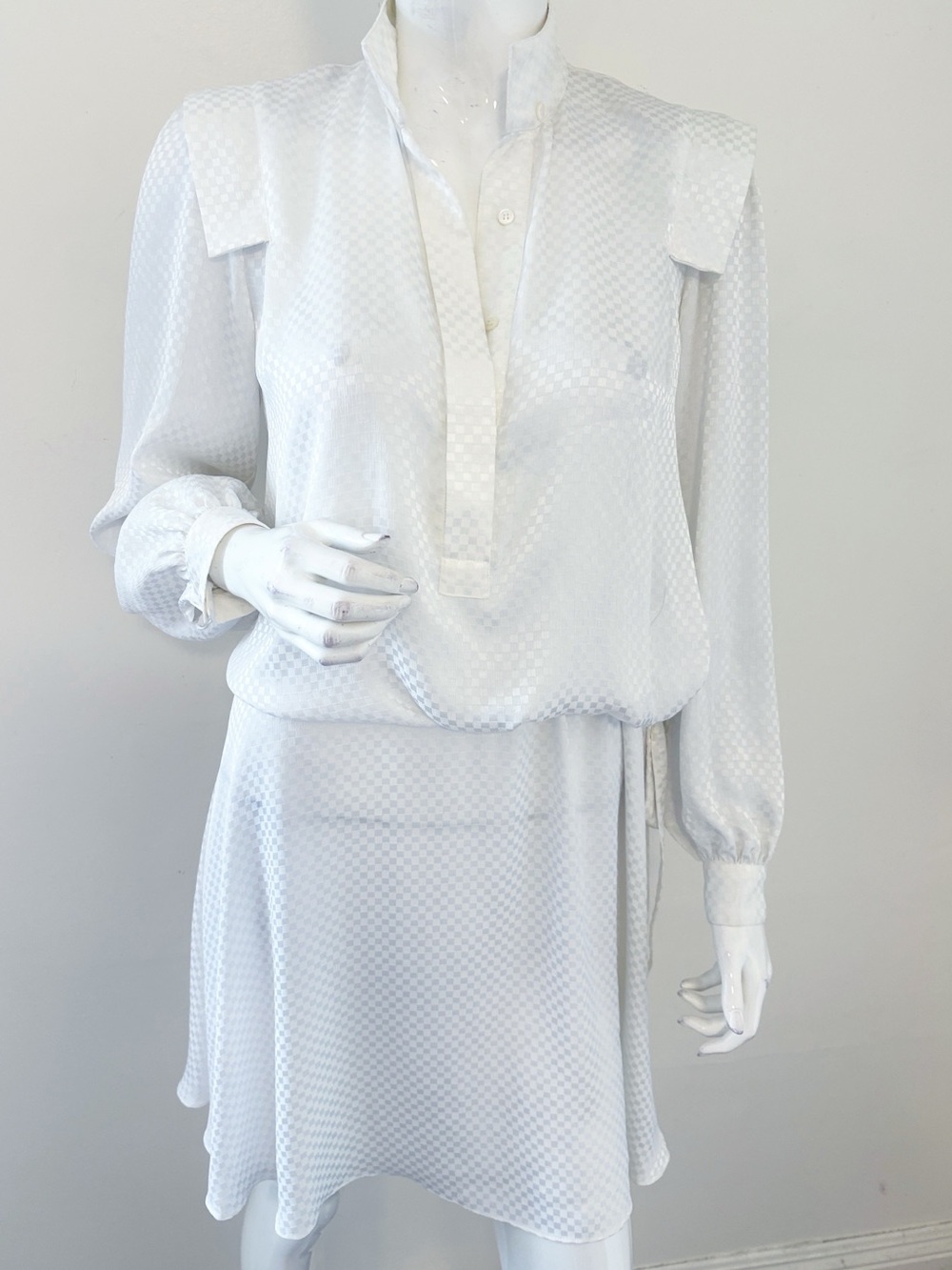 Vintage Pierre Cardin White Long-Sleeve Mini Dress w Tonal Checkerboard Pattern